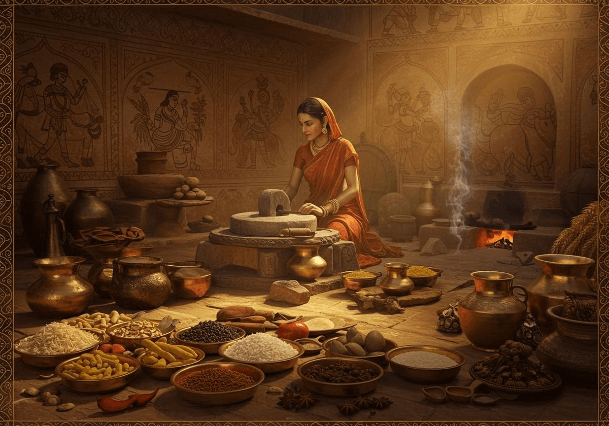 Traditional Ayurvedic kitchen with stone grinder, brass vessels, and spices