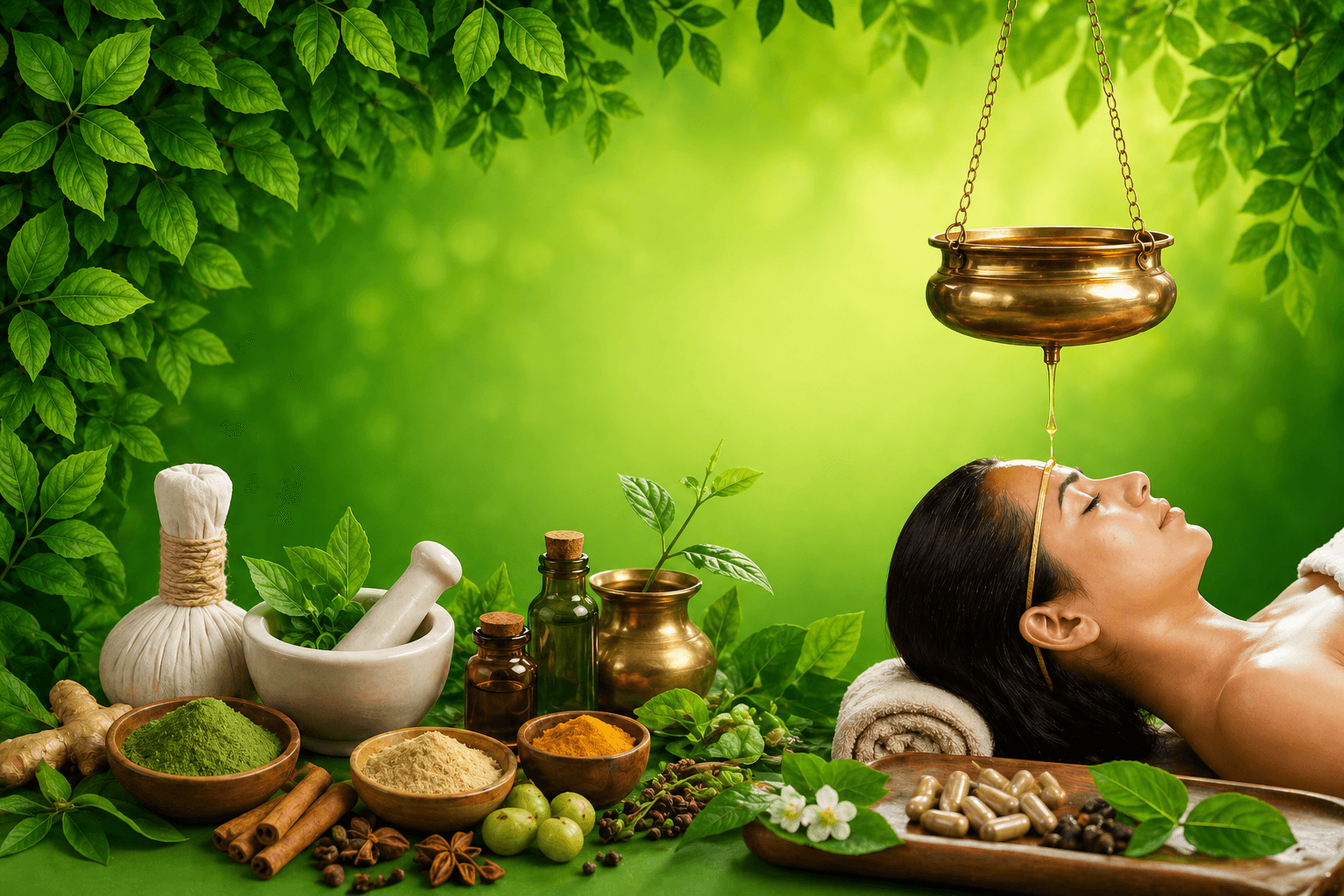 Shirodhara Ayurvedic treatment with traditional herbs and oils